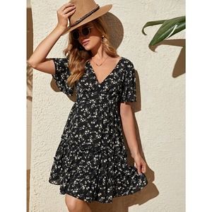 MATERNITY boho Floral Print Ruffle Hem V neck Dress black
